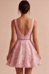 A-Line Pink V-Neck Ruffled Pearls Floral Embroidery Short Homecoming Dress