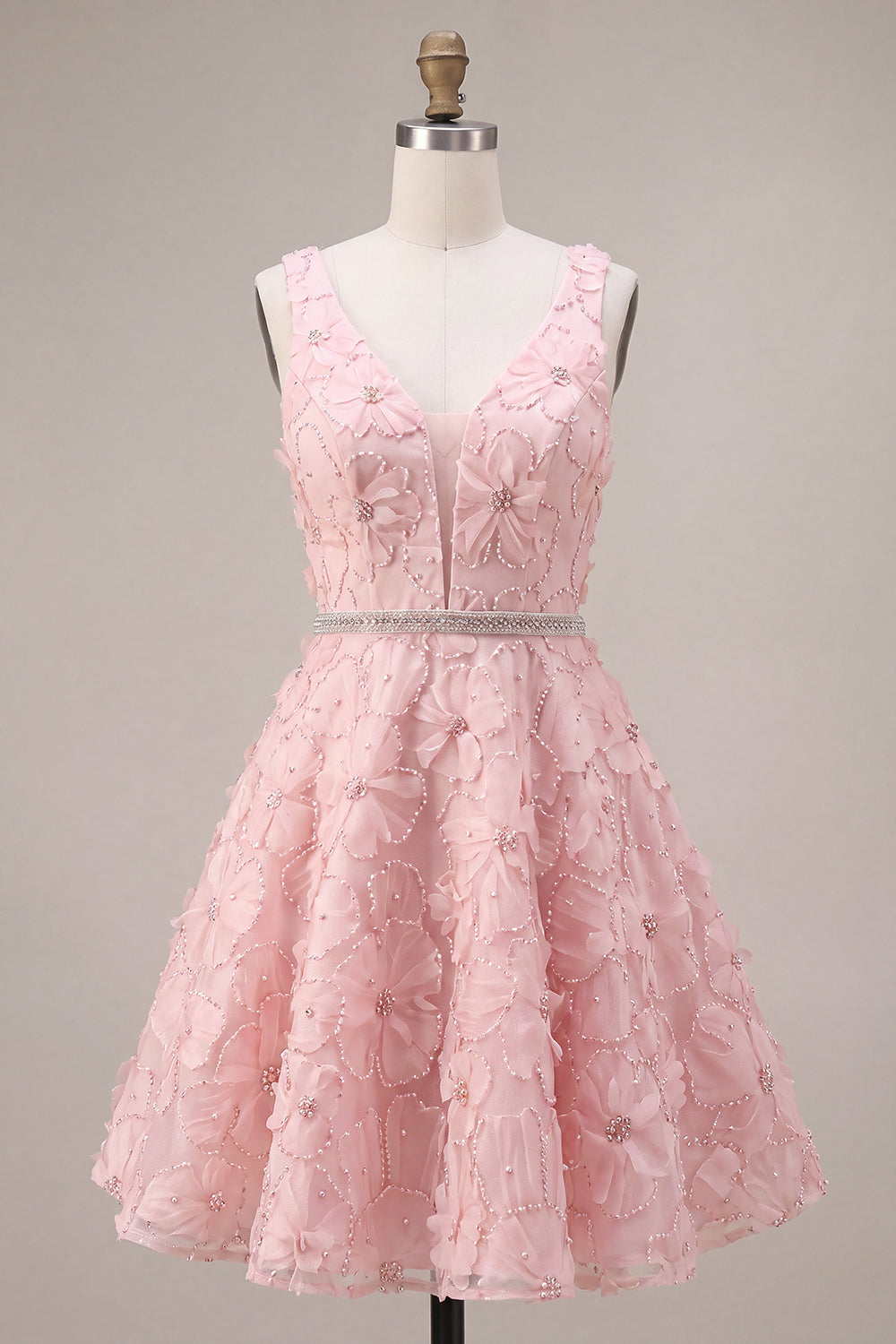 A-Line Pink V-Neck Ruffled Pearls Floral Embroidery Short Homecoming Dress