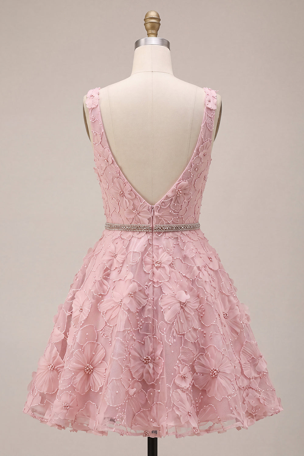 A-Line Pink V-Neck Ruffled Pearls Floral Embroidery Short Homecoming Dress