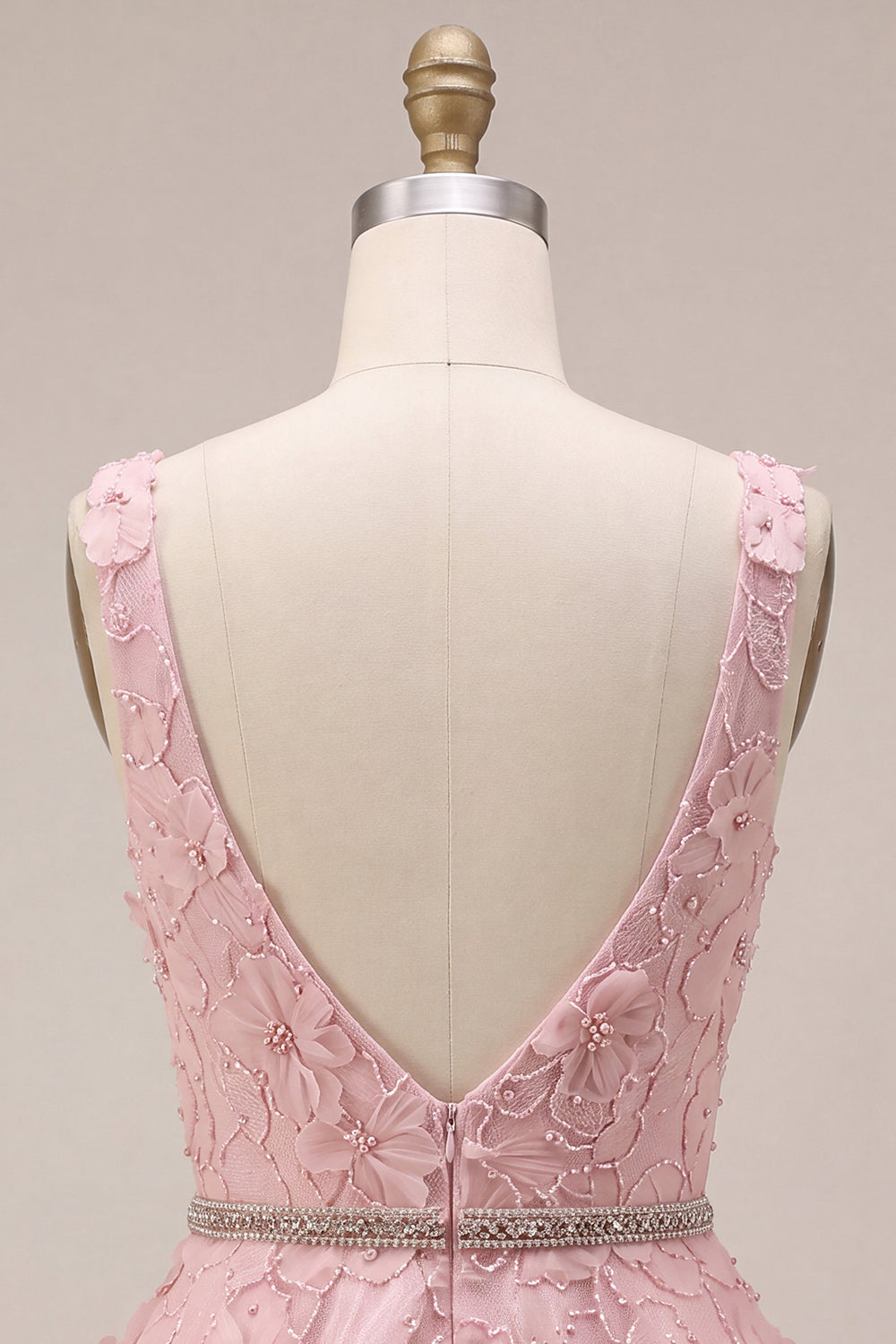 A-Line Pink V-Neck Ruffled Pearls Floral Embroidery Short Homecoming Dress