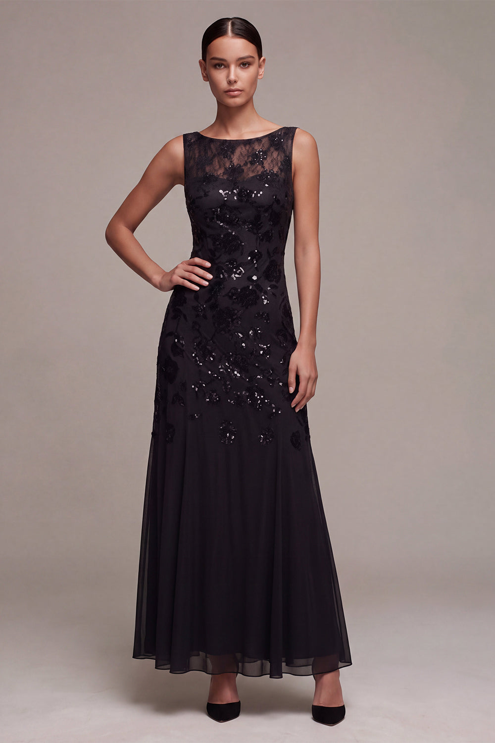 A-Line Chiffon Black Sequins Bateau Neck Maxi Formal Dress