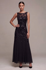 A-Line Chiffon Black Sequins Bateau Neck Maxi Formal Dress