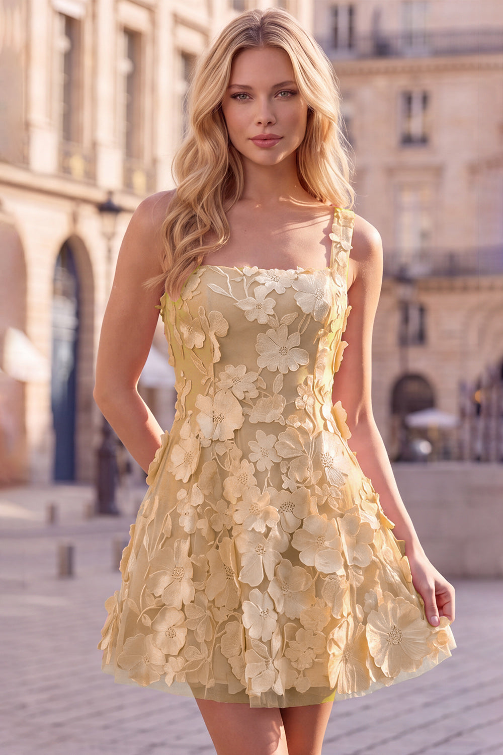 A-Line Square Neck Floral Pink Short Homecoming Dress with Appliques
