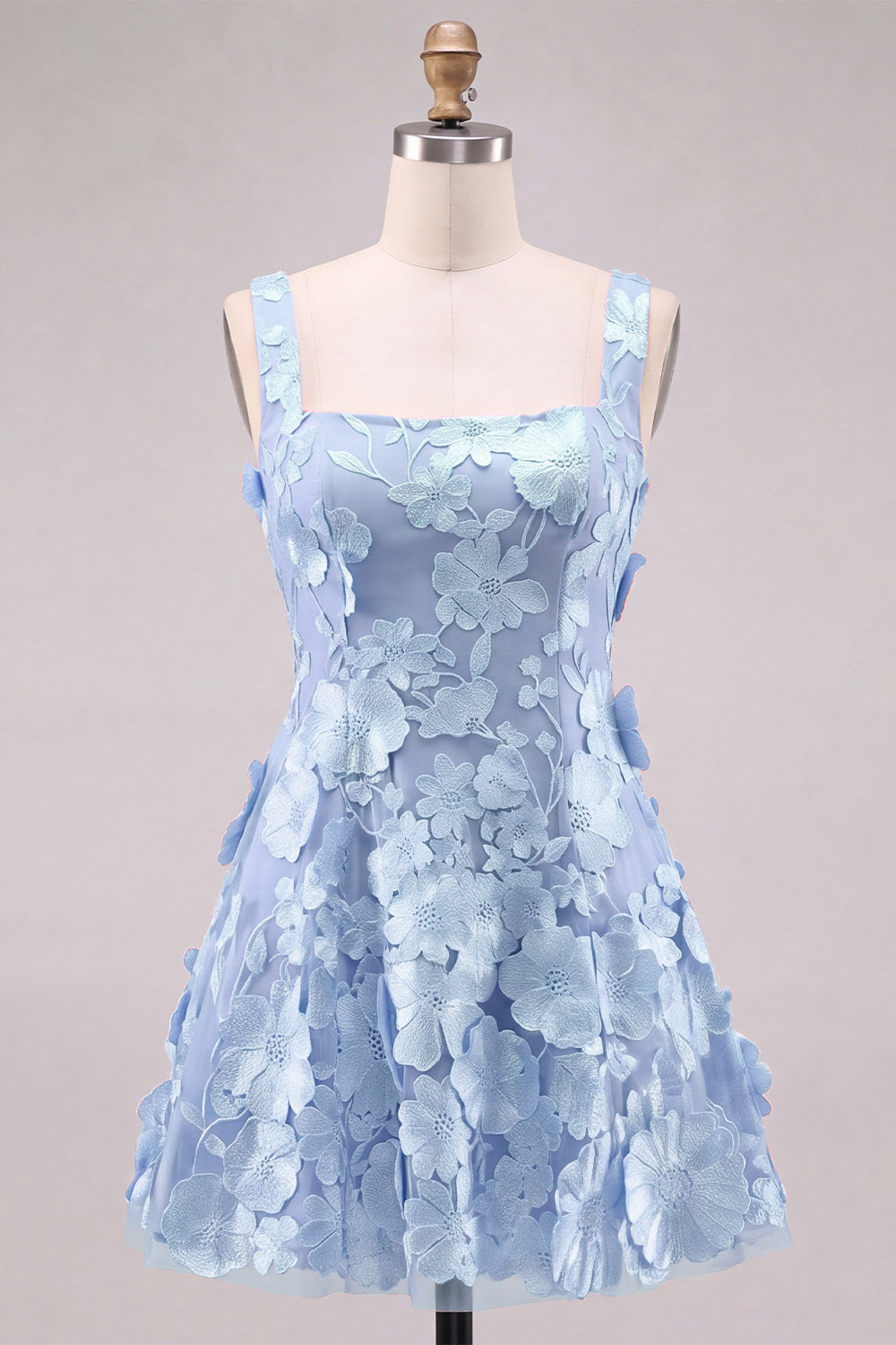 A-Line Square Neck Floral Pink Short Homecoming Dress with Appliques