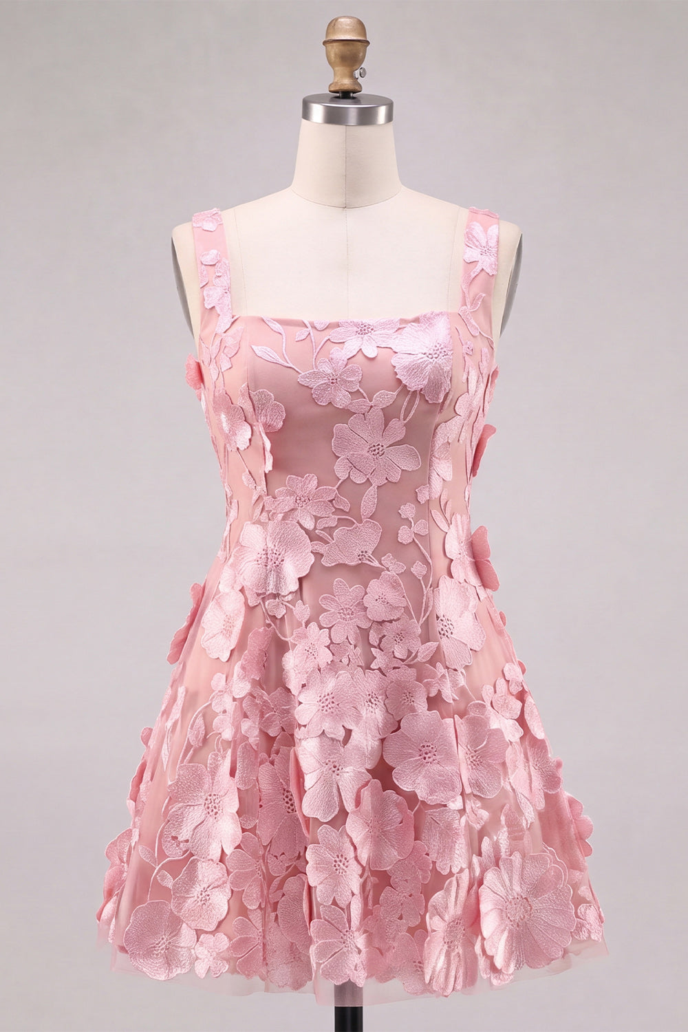A-Line Square Neck Floral Pink Short Homecoming Dress with Appliques