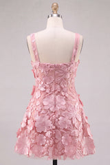 A-Line Square Neck Floral Pink Short Homecoming Dress with Appliques