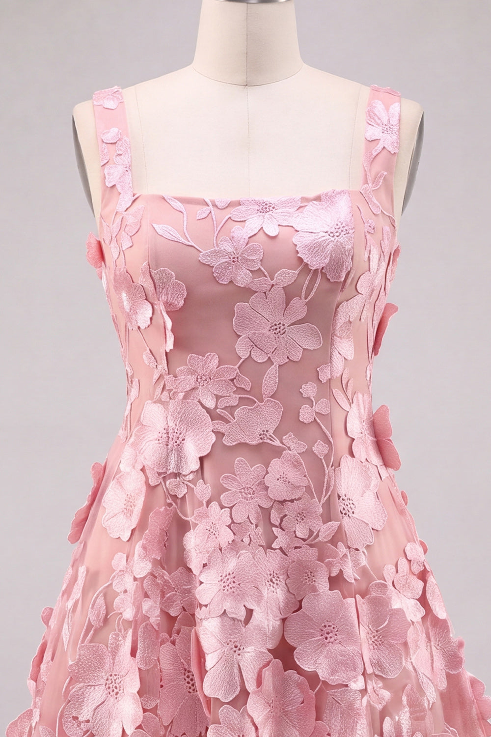 A-Line Square Neck Floral Pink Short Homecoming Dress with Appliques