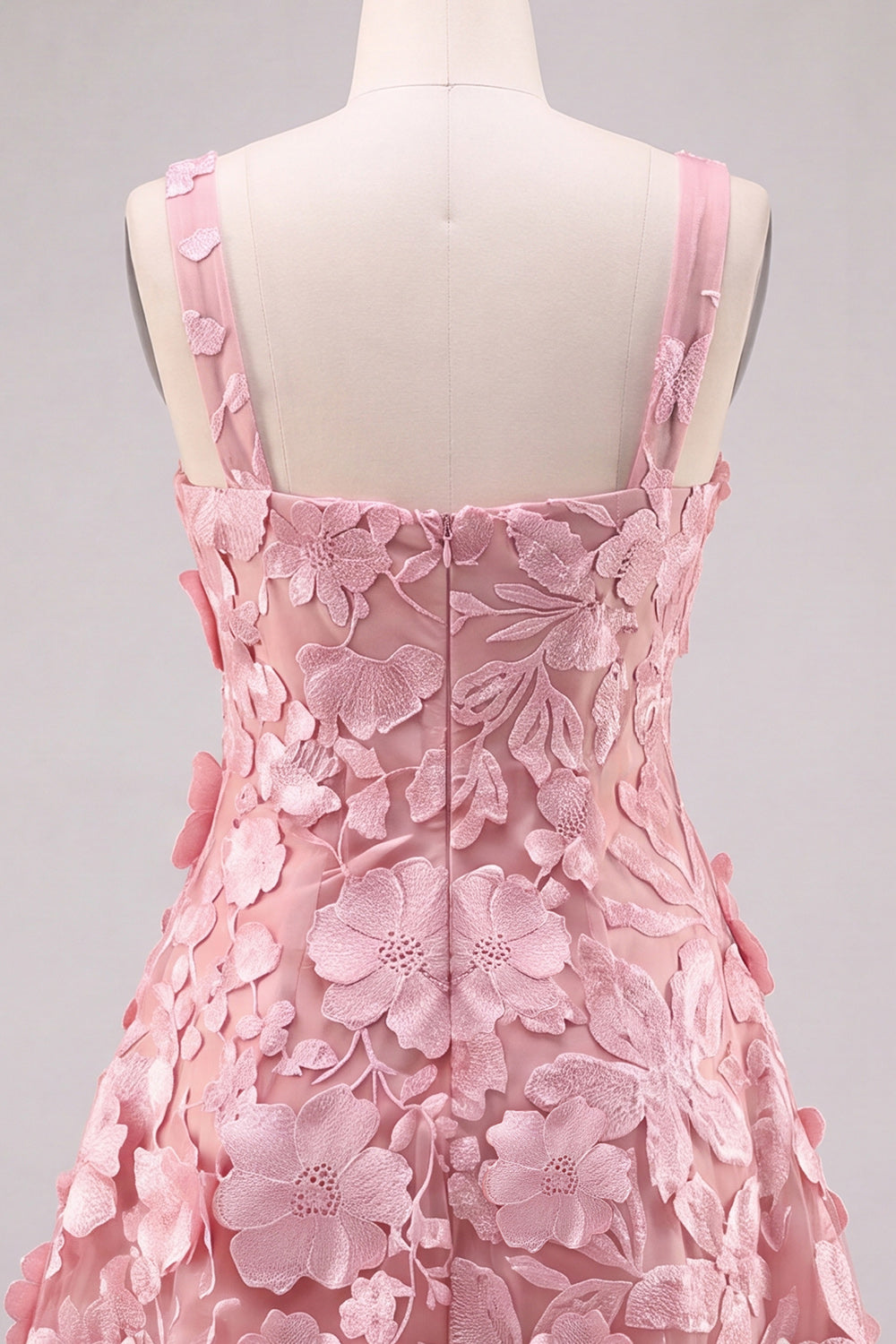 A-Line Square Neck Floral Pink Short Homecoming Dress with Appliques