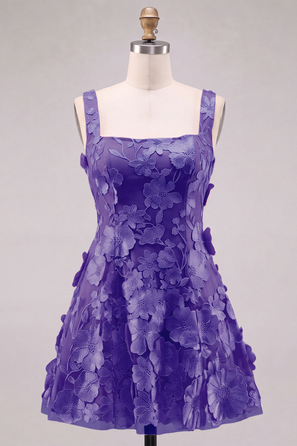 A-Line Square Neck Floral Pink Short Homecoming Dress with Appliques