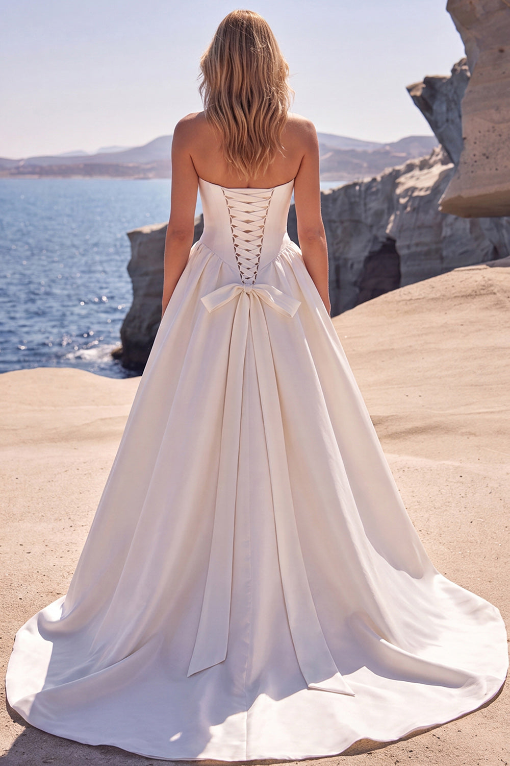 A-Line Sweetheart White Corset Basque Waist Long Wedding Dress