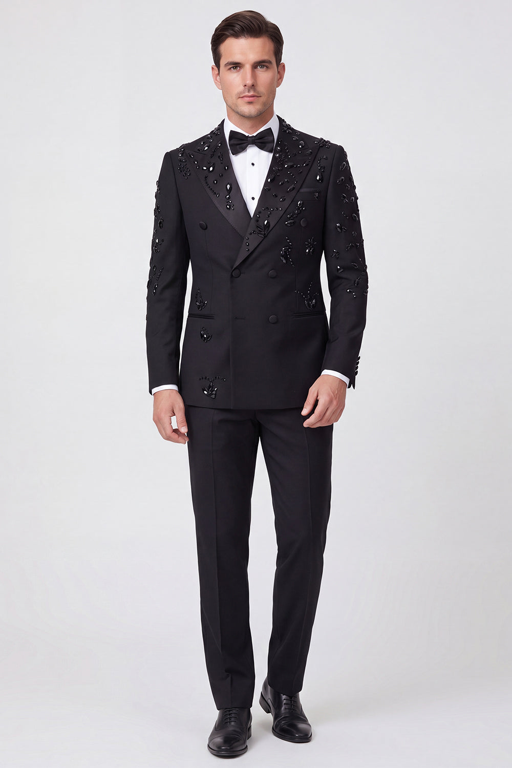 2 Piece Black Double Breasted Peak Lapel Men's Prom Suits with Beading
