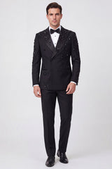 2 Piece Black Double Breasted Peak Lapel Men's Prom Suits with Beading