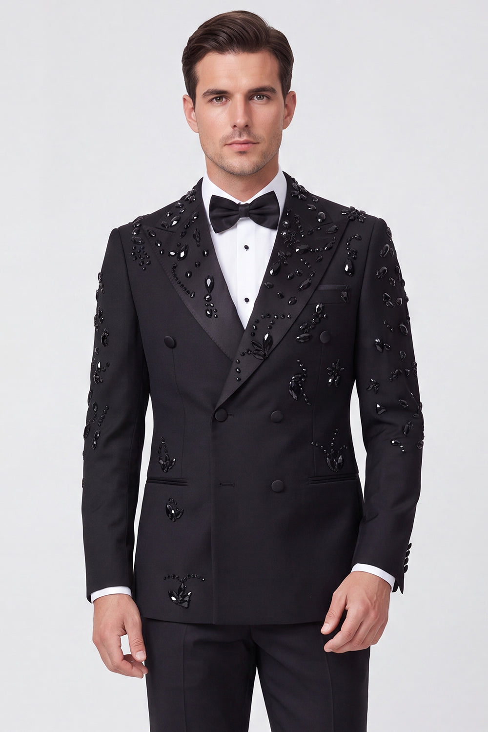 2 Piece Black Double Breasted Peak Lapel Men's Prom Suits with Beading
