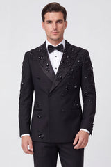 2 Piece Black Double Breasted Peak Lapel Men's Prom Suits with Beading