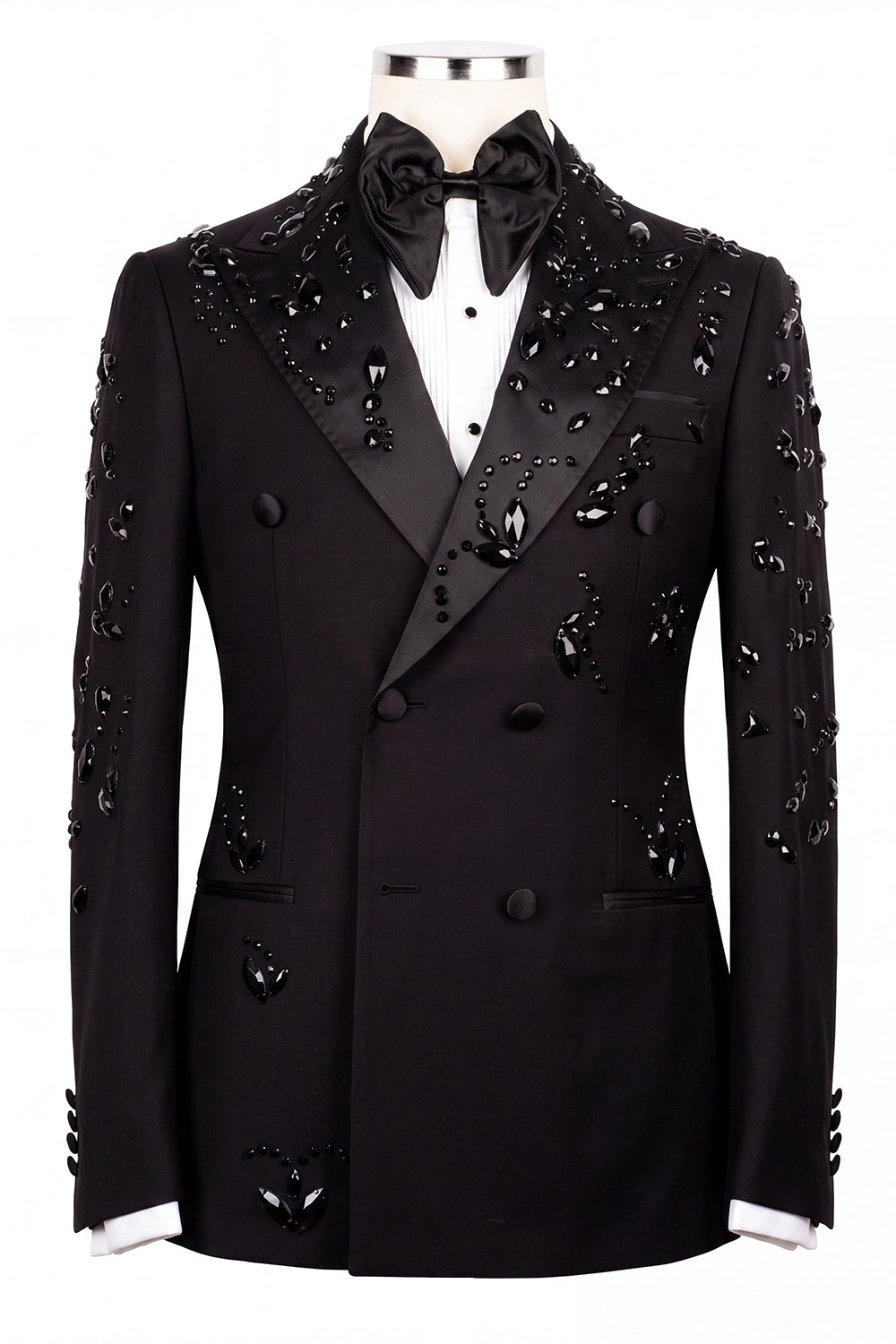 2 Piece Black Double Breasted Peak Lapel Men's Prom Suits with Beading