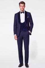 3 Piece Dark Blue Single Breasted Shawl Lapel Men's Prom Suits