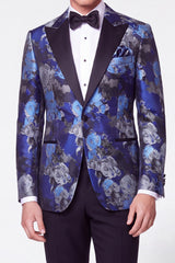 2 Piece Black Blue Jacquard Peak Lapel Single Breasted Men's Prom Suits