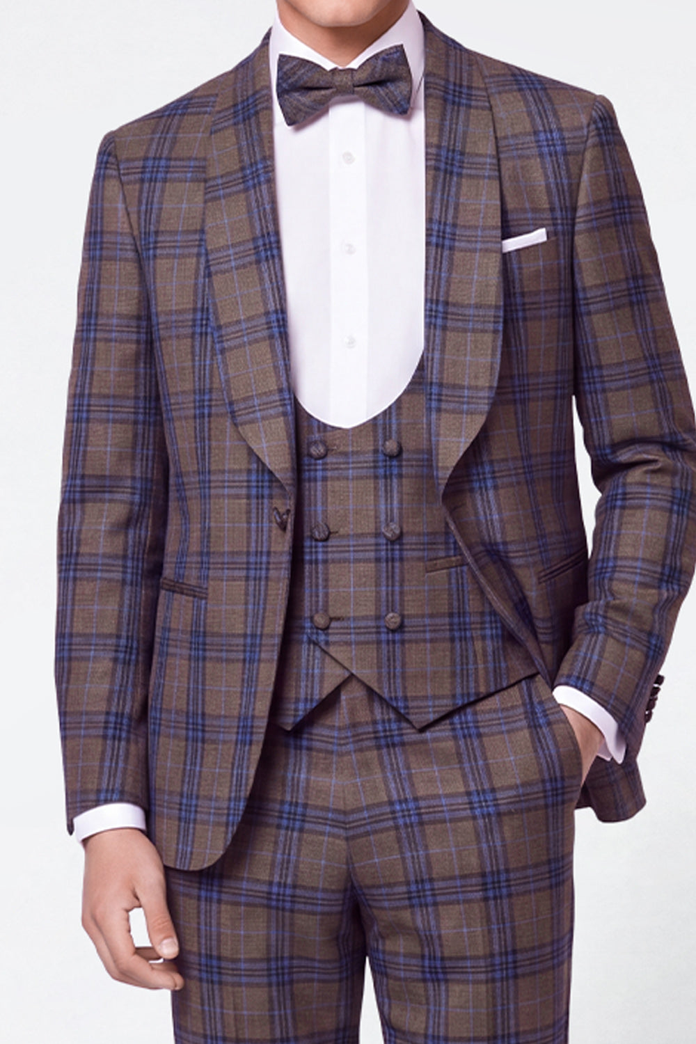3 Piece Grey Grid Shawl Lapel Single Breasted Men's Prom Suits