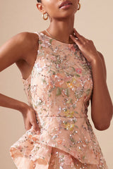A-Line Round Neck Embroidered Floral Short Homecoming Dress with Ruffles