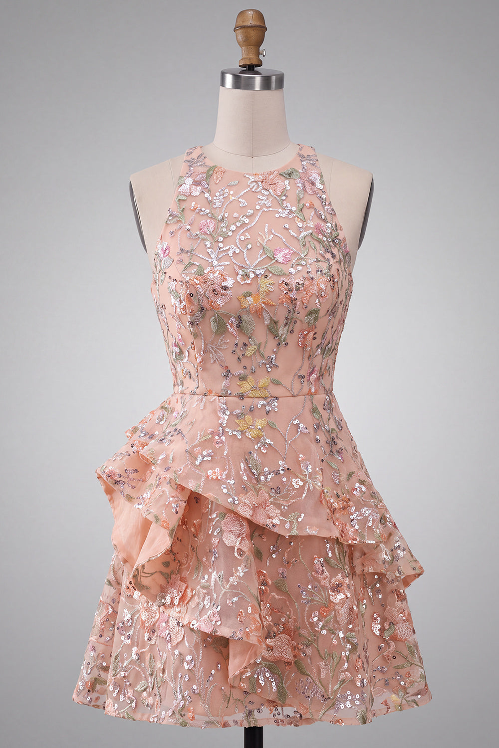 A-Line Round Neck Embroidered Floral Short Homecoming Dress with Ruffles