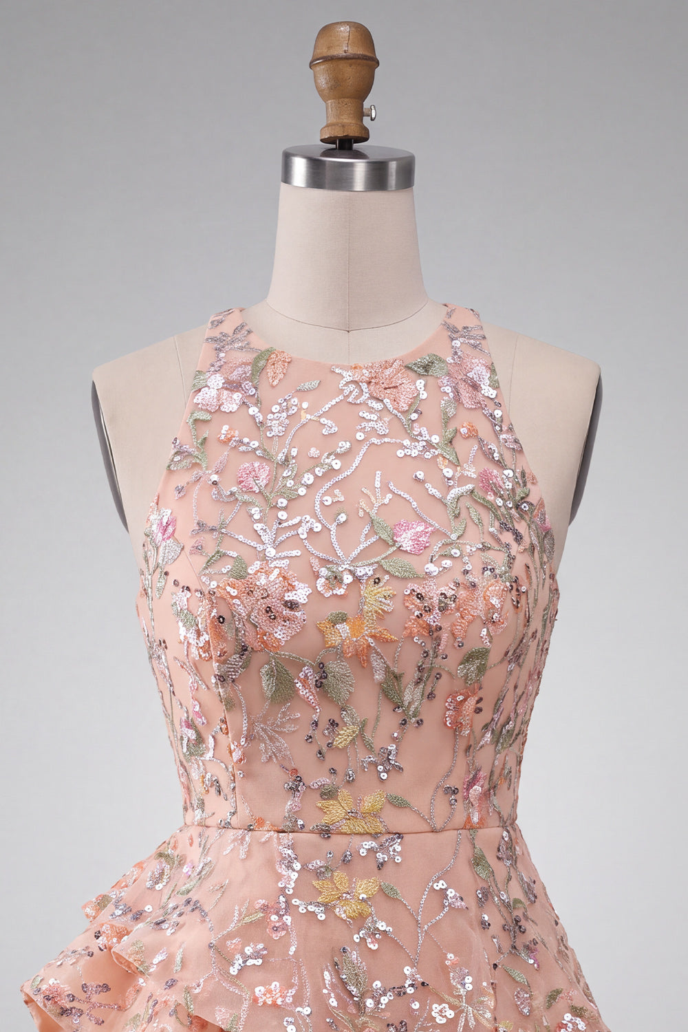 A-Line Round Neck Embroidered Floral Short Homecoming Dress with Ruffles