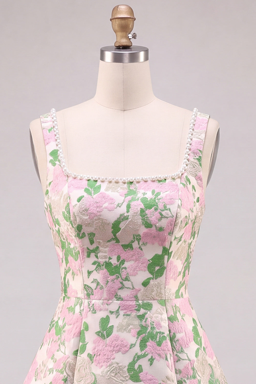 A-Line Floral Brocade Pearl Straps Short Homecoming Dress with Big Back Bow