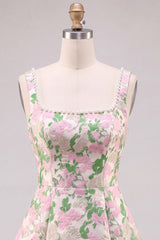 A-Line Floral Brocade Pearl Straps Short Homecoming Dress with Big Back Bow