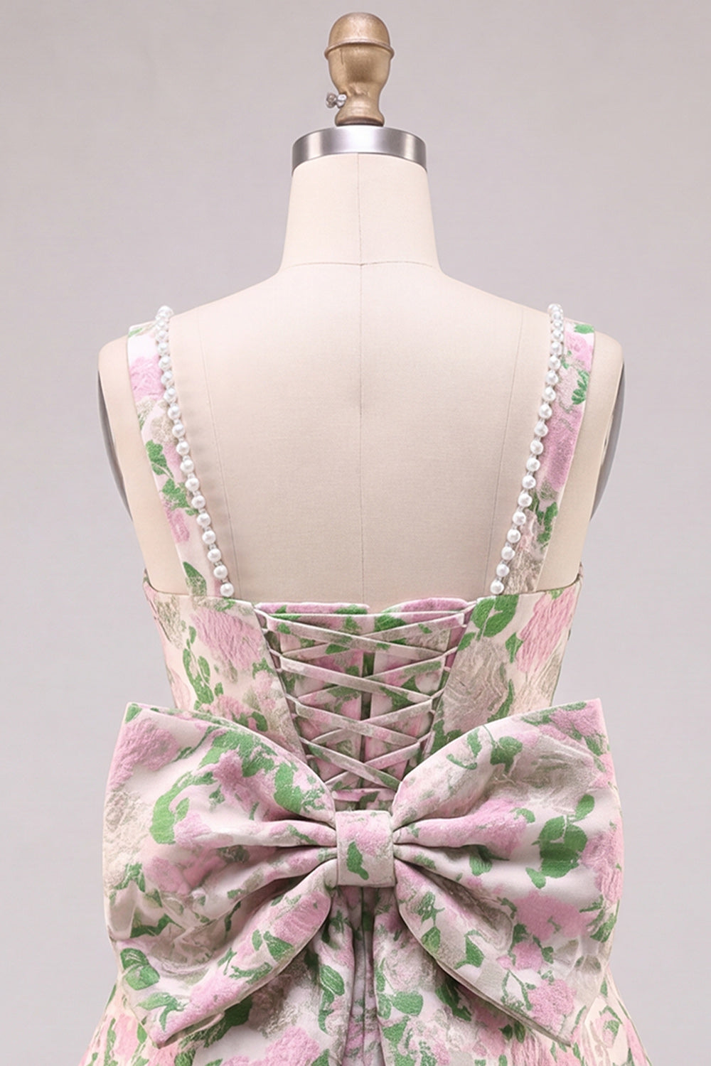 A-Line Floral Brocade Pearl Straps Short Homecoming Dress with Big Back Bow