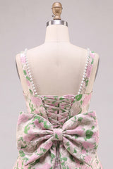 A-Line Floral Brocade Pearl Straps Short Homecoming Dress with Big Back Bow