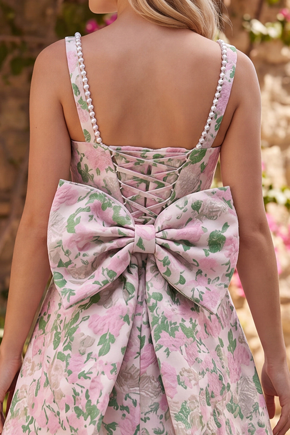 A-Line Floral Brocade Pearl Straps Short Homecoming Dress with Big Back Bow