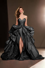 A Line Sweetheart Dark Red Ruffle Prom Dress with Slit