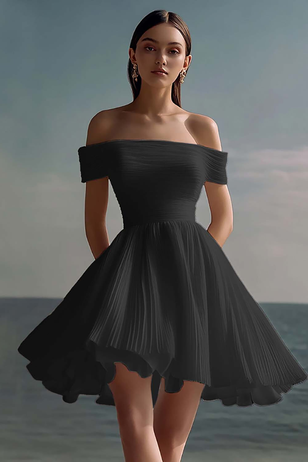 A-Line Of the Shoulder Chiffon Little White Graduation Dress