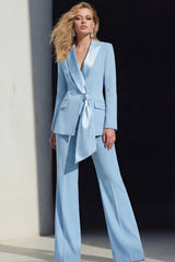 2 Piece Cream Yellow Peak Lapel Women's Work Suits with Sash