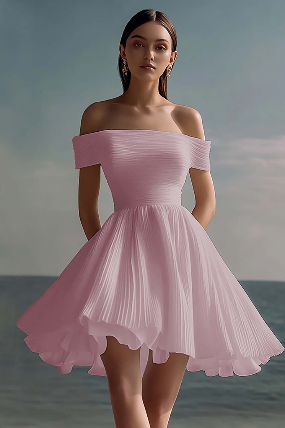 A-Line Of the Shoulder Chiffon Little White Graduation Dress