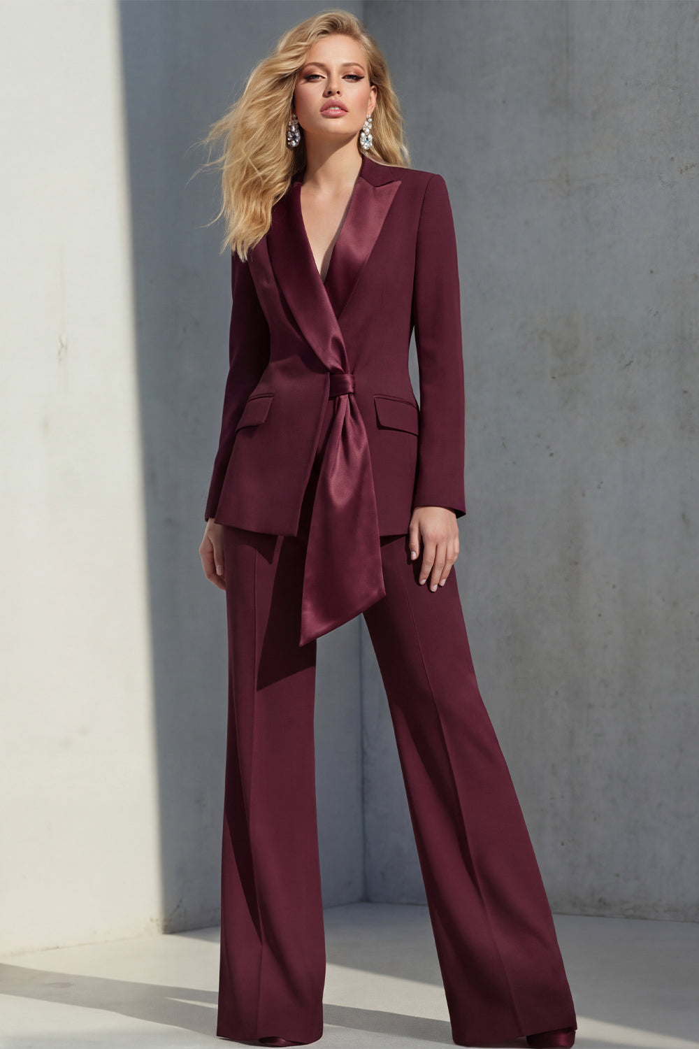 2 Piece Cream Yellow Peak Lapel Women's Work Suits with Sash