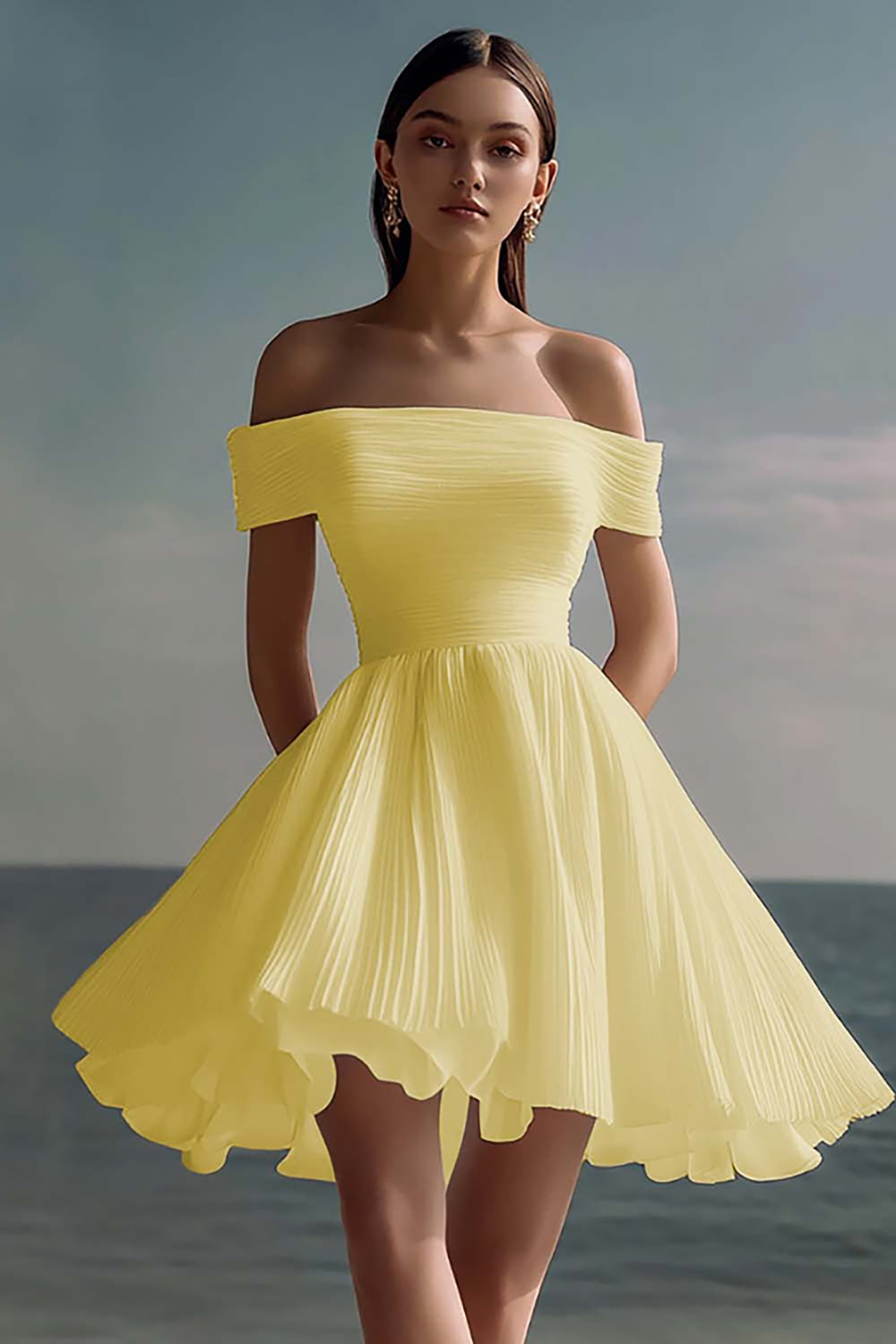 A-Line Of the Shoulder Chiffon Little White Graduation Dress