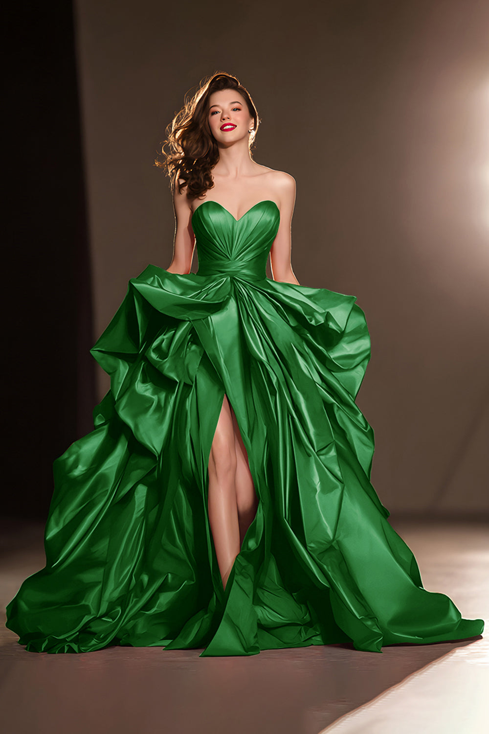 A Line Sweetheart Dark Red Ruffle Prom Dress with Slit