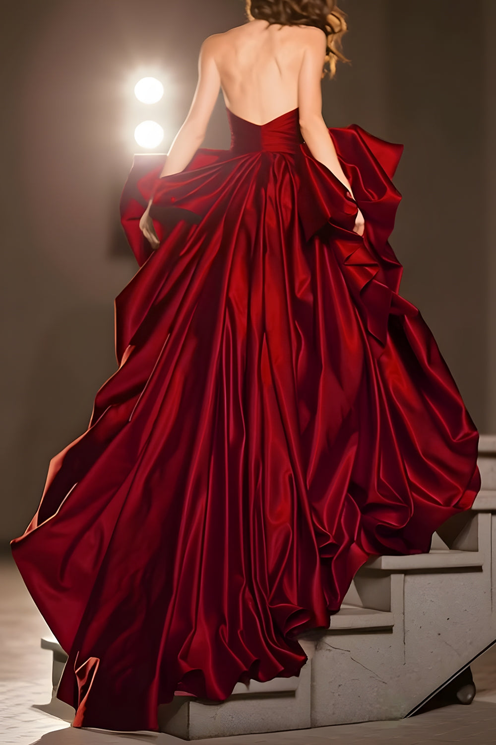 A Line Sweetheart Dark Red Ruffle Prom Dress with Slit