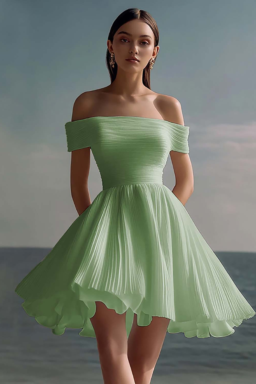 A-Line Of the Shoulder Chiffon Little White Graduation Dress
