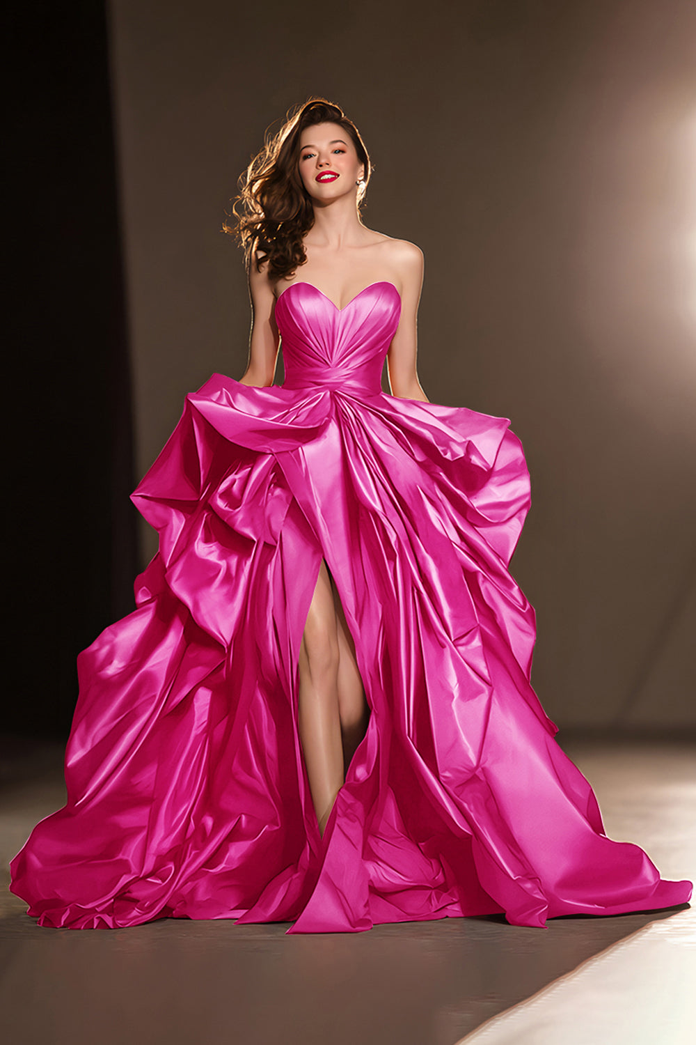 A Line Sweetheart Dark Red Ruffle Prom Dress with Slit