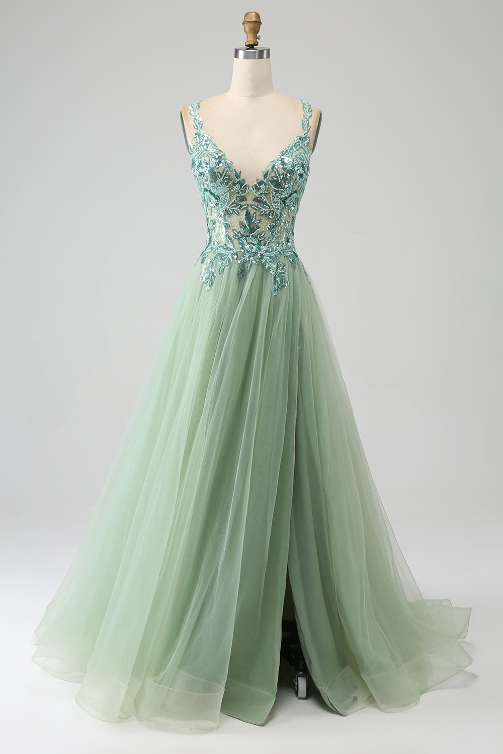 A-Line V Neck Split Tulle Light Green Prom Dress with Appliqued Beading