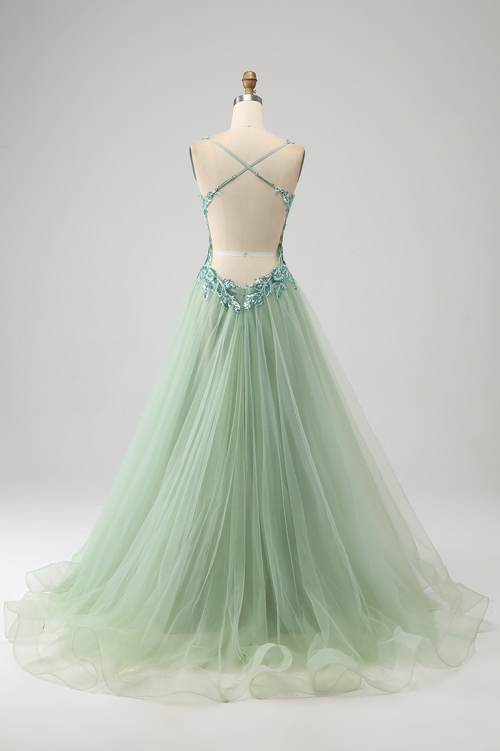 A-Line V Neck Split Tulle Light Green Prom Dress with Appliqued Beading
