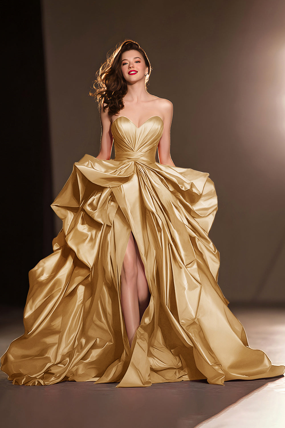 A Line Sweetheart Dark Red Ruffle Prom Dress with Slit
