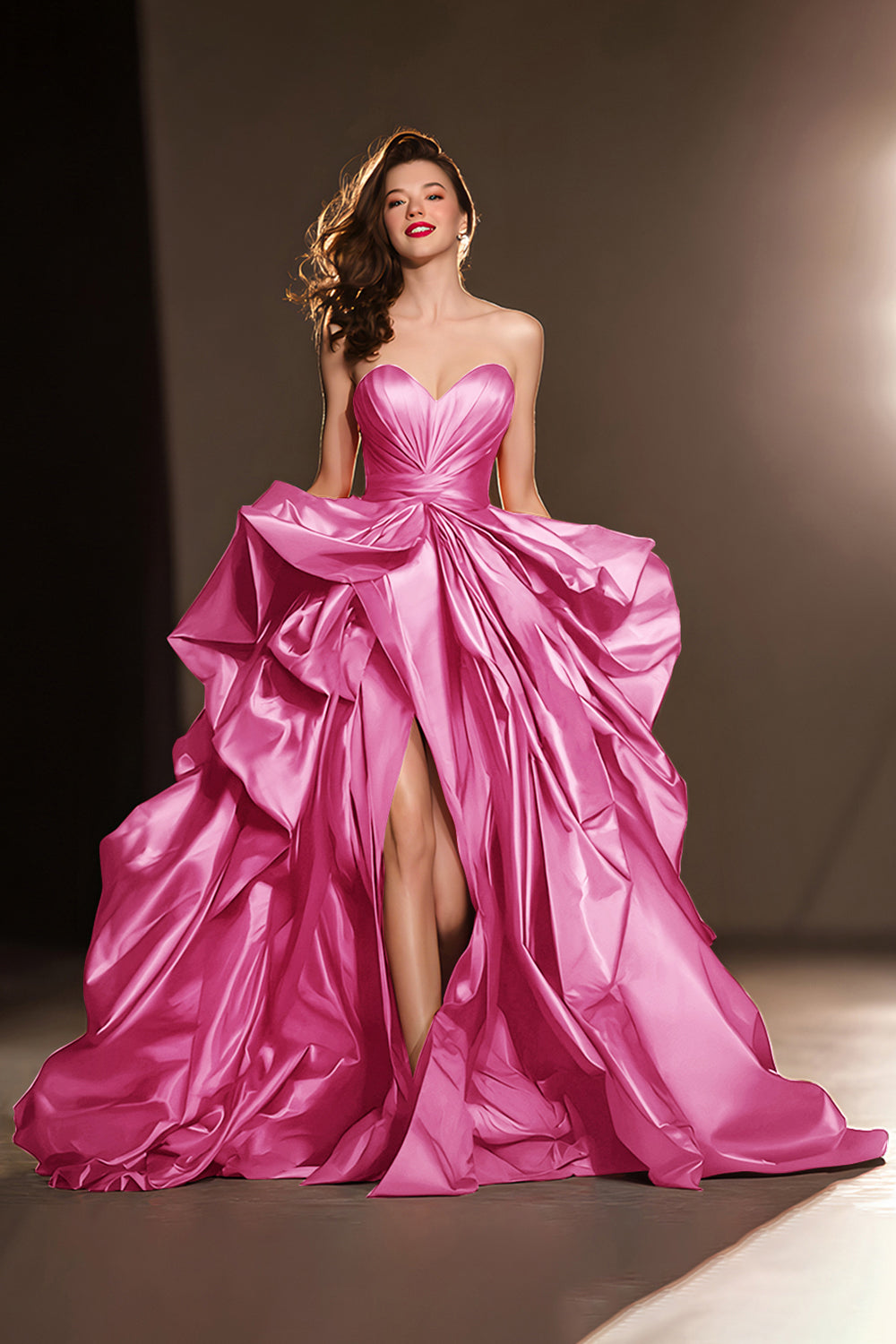 A Line Sweetheart Dark Red Ruffle Prom Dress with Slit