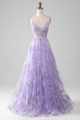 A-Line Sequins Purple Prom Dress with Embroidery