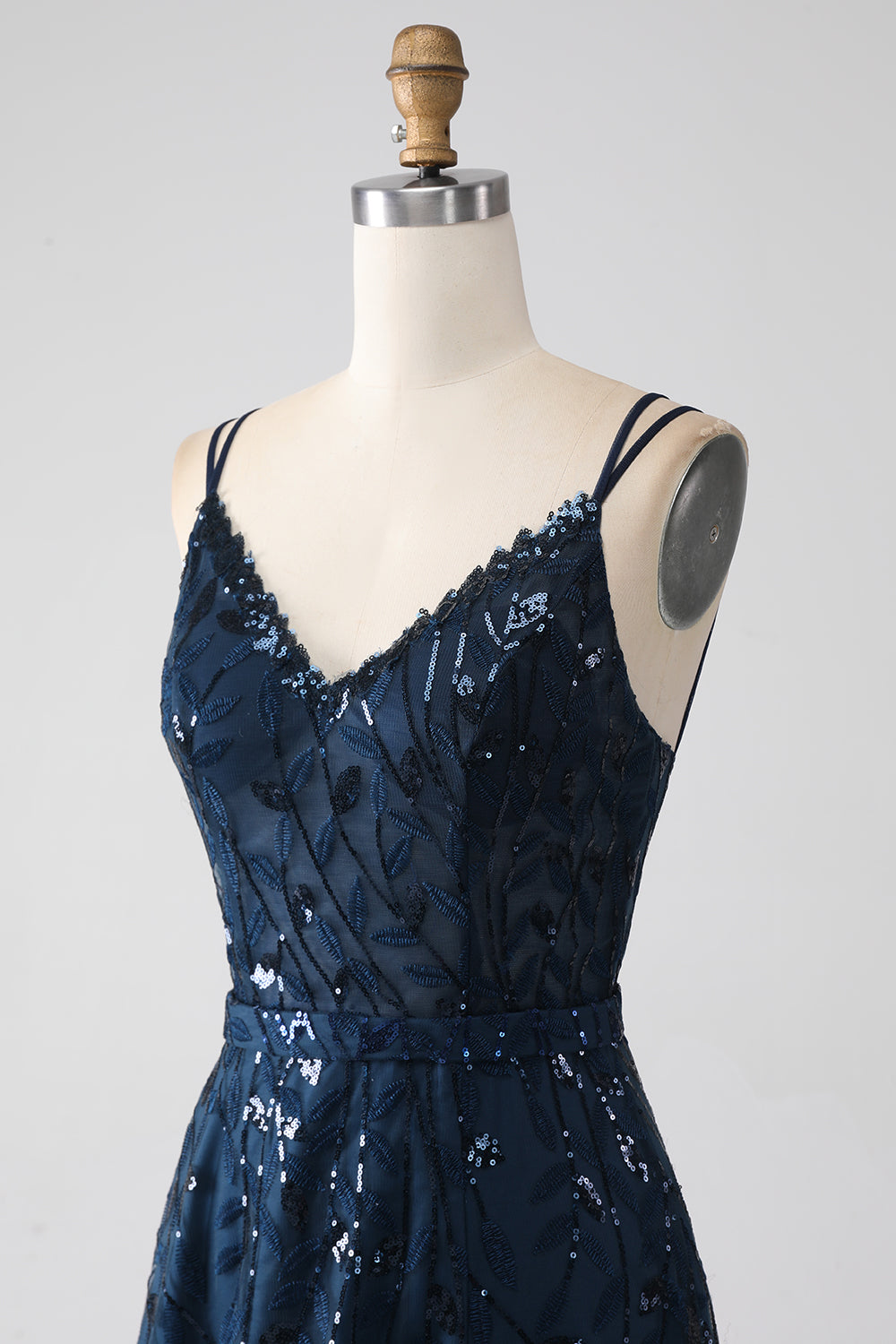 A-Line Dark Navy Spaghetti Straps Long Prom Dress with Slit