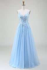 A-Line Light Blue Prom Dress with Appliques