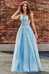 A-Line Light Blue Corset Prom Dress with Appliques