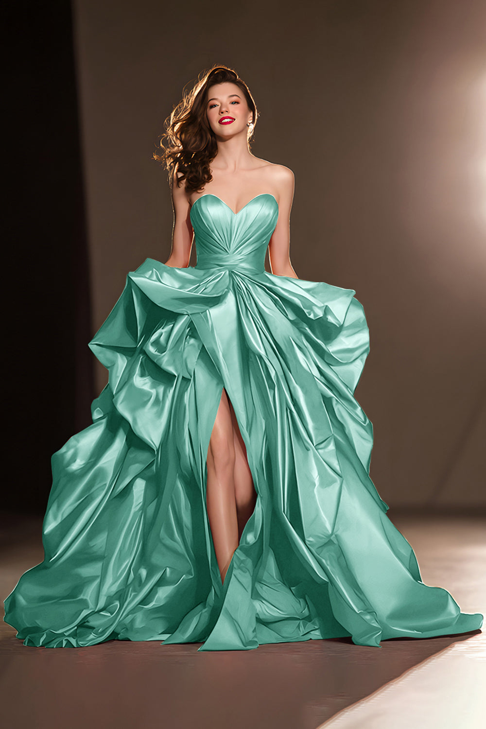 A Line Sweetheart Dark Red Ruffle Prom Dress with Slit