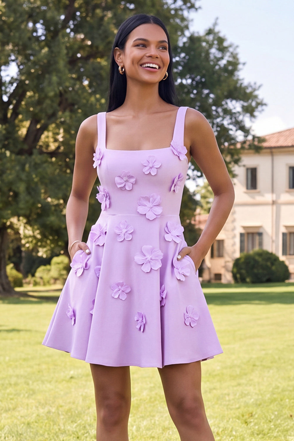 A-Line Blue Square Neck Homecoming Dress with 3D Flowers